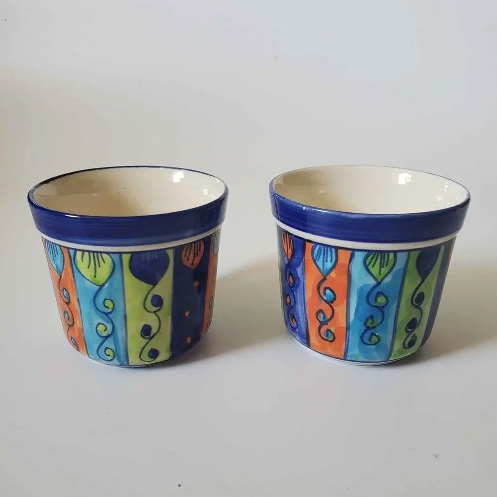 Pier 1 Hand Painted Large Stoneware Mugs Pair 16oz Multicolor Made‎ in India